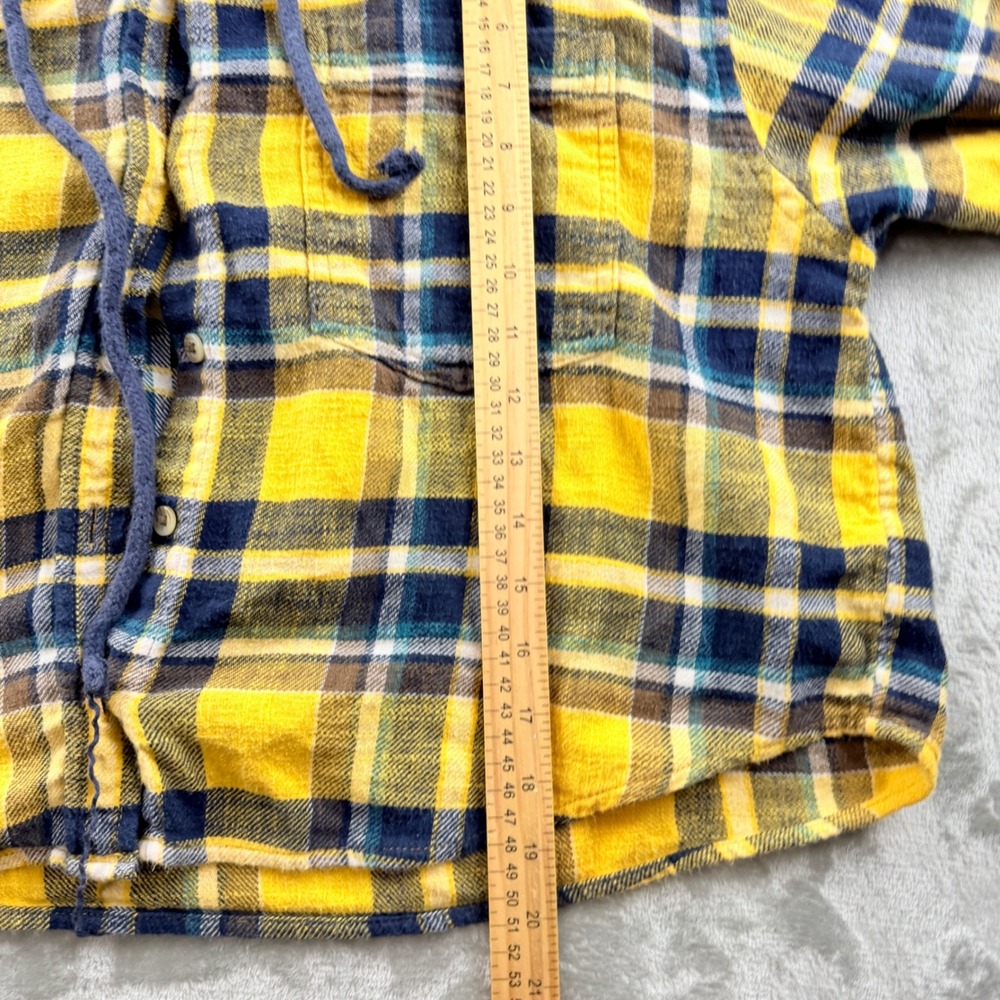 American Eagle Outfitters Women's Large Yellow Blue Plaid‎ Hooded Flannel Shirt - Picture 5 of 6